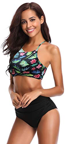 SHEKINI Bikini brasileño de Las Mujeres Set Up Bikini Top Bikini de Cintura Alta Shorts Deportes Traje de baño Split Traje de baño Traje de baño Grande (L, Impresión Rojo en Negro)