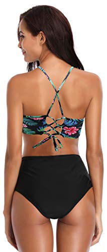 SHEKINI Bikini brasileño de Las Mujeres Set Up Bikini Top Bikini de Cintura Alta Shorts Deportes Traje de baño Split Traje de baño Traje de baño Grande (M, Impresión Rojo en Negro)