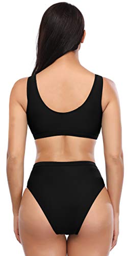 SHEKINI Bikini de Mujer Trajes de Baño de Dos Piezas Low Scoop Top de Cosecha Baja de Cuchara High Waisted Brasier Deportivo Top Racerback (S, Negro)