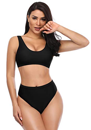 SHEKINI Bikini de Mujer Trajes de Baño de Dos Piezas Low Scoop Top de Cosecha Baja de Cuchara High Waisted Brasier Deportivo Top Racerback (S, Negro)