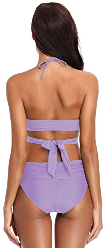 SHEKINI Bikini de Traje de baño de Colores Oscuros para Mujer Bikini de Tirantes Bikini de Cintura Alta de Dos Piezas (XL, Lila)