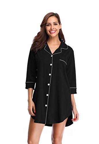 SHEKINI Camisón de Algodón de Manga 3/4 DE Cuello Camisero con Cierre Mediante Botones con Bolsillo Delantero Pijama Corto de Una Pieza Ropa de Dormir Camisones de Noche para Mujer (S, Negro)