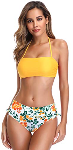 SHEKINI Dividido en la Parte Superior del Tubo de la Mujer Bikini con Cuello Alto Calzoncillos de Cintura Alta Impreso Hojas de Flores Traje de baño Bow Set (M, Amarillo)