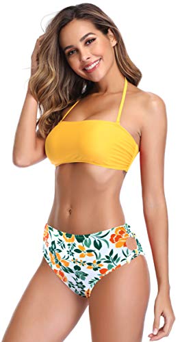 SHEKINI Dividido en la Parte Superior del Tubo de la Mujer Bikini con Cuello Alto Calzoncillos de Cintura Alta Impreso Hojas de Flores Traje de baño Bow Set (M, Amarillo)