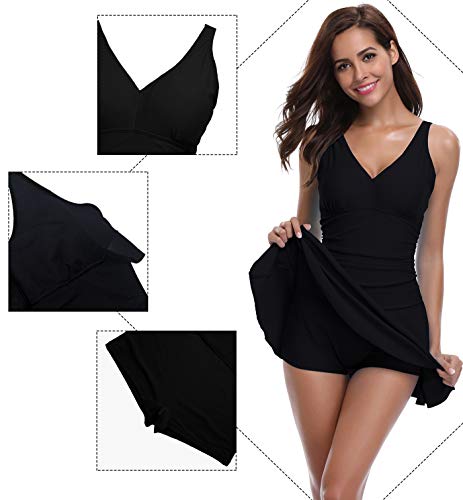 SHEKINI Mujer Bañador con Falda Traje de baño Cuello V Relleno Una Pieza Monokini con Shorts de Seguridad (Small, Negro)