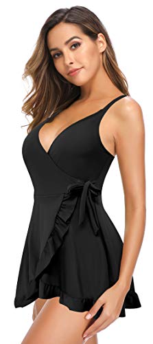 SHEKINI Mujer Bañador de una Pieza Cuello en V Cruzada Lace up Diseño Bikini Correa de Hombro Ajustable Halter Elegante Ruffle Ruched Falda De una Pieza Bikini Traje de Baño (Negro, M)