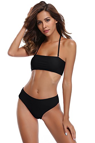 SHEKINI Mujer Bandeau Push Up Bikini Set Sin Tirantes Bañador Traje De Baño Parte Superior (Medium, Negro)