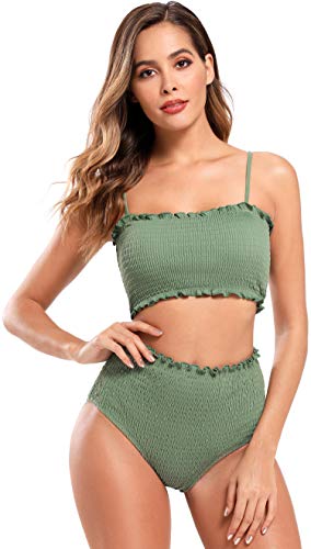 SHEKINI Mujer Bikini Sexy Traje de Baño Dividido Bandeau Camisa de Cintura Alta Traje de Baño Ropa de Playa (XL, Verde Oliva)