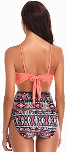 SHEKINI Mujer Nuevo Bikini Suit Lotus Leaf Tops Shorts de Cintura Alta Sexy Traje de baño (L, Melocotón)