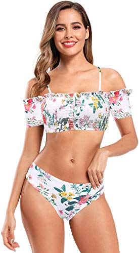 SHEKINI Mujer Ropa de Baño Dividida Sexy Hombro de una Palabra Traje de Baño para Mujer Bañador Estampado Brasileño (M, Blanco)