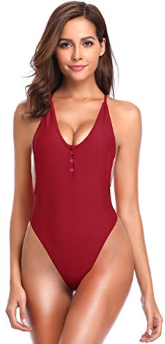 SHEKINI Mujer Traje de Baño de una Sola Pieza Sexy Deep V Bañador Tirantes Ajustables Ropa de Baño de Gran Tamaño para Mujer (L,C-Vino Rojo)