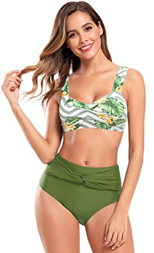 SHEKINI Mujer Traje de Baño Dividido Chaleco Bikinis Conjuntos Bañador con Tirantes Anchos Bañador de Cintura Alta (M, Verde Hierba)