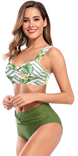 SHEKINI Mujer Traje de Baño Dividido Chaleco Bikinis Conjuntos Bañador con Tirantes Anchos Bañador de Cintura Alta (M, Verde Hierba)