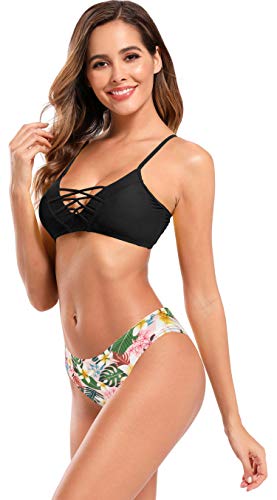 SHEKINI Mujer Traje de Baño Dividido para Mujer Bikinis Conjuntos Chaleco Cinturón Cruzado Traje de Baño Bañador Estampado (L, Negro)