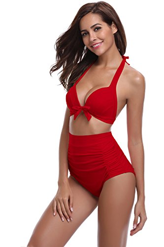 SHEKINI Mujer Triángulo Push up Bikini Set Cintura Alta Braguitas Arruga Trajes de Baña Bañador De Dos Piezas Conjuntos (Large, Rojo)