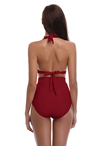 SHEKINI Mujer Triángulo Push up Bikini Set Cintura Alta Braguitas Arruga Trajes de Baña Bañador De Dos Piezas Conjuntos (M, Vino)