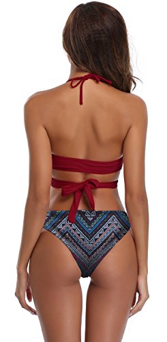 SHEKINI Mujeres Front Cross Bandage Bikini Floral impresión Inferior Traje de baño (Large, Vino)