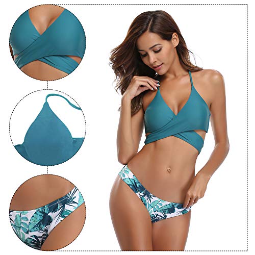 SHEKINI Mujeres Front Cross Bandage Bikini Floral impresión Inferior Traje de baño (Medium, Verde Profundo)