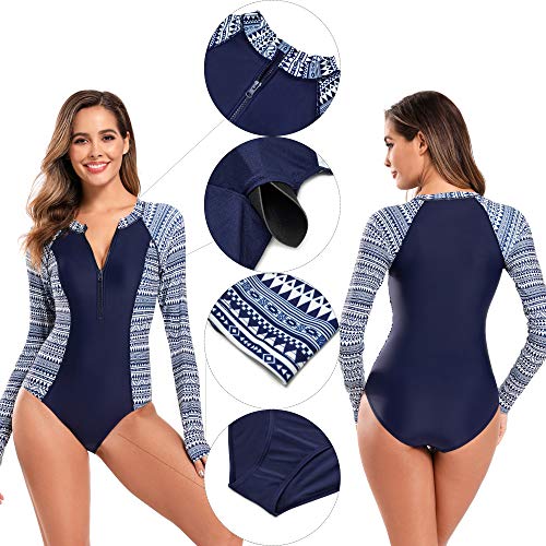 SHEKINI Traje de Baño de una Sola Pieza para Mujer Traje de Baño de Manga Larga Protector Solar (S, Azul Oscuro)