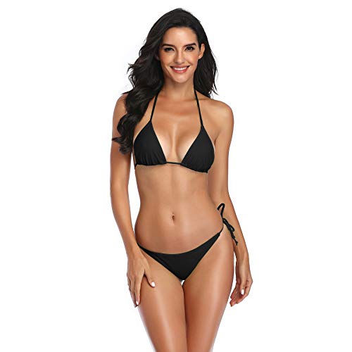 SHERRYLO 10 Solid Color Women's Thong Bikini Set Trajes De Baño De Mujer For S-XL Body (Black)