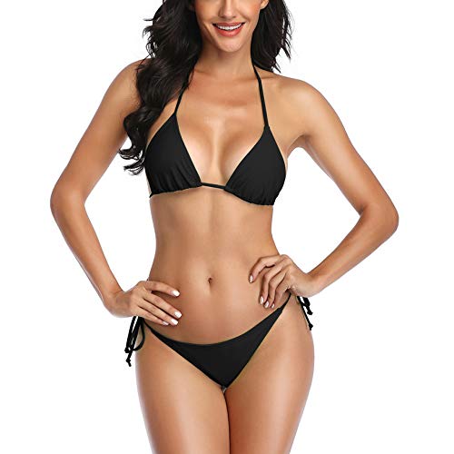 SHERRYLO 10 Solid Color Women's Thong Bikini Set Trajes De Baño De Mujer For S-XL Body (Black)