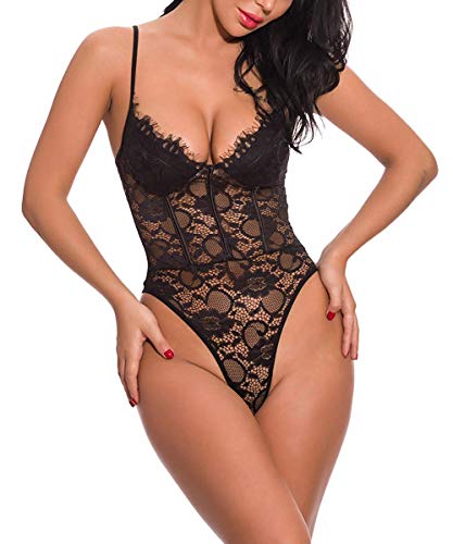 ShinyStar Sexy lencería encaje body mujer lencería espalda libre body suit una pieza lencería ropa de noche con profundo cuello en V Schwarz2 L