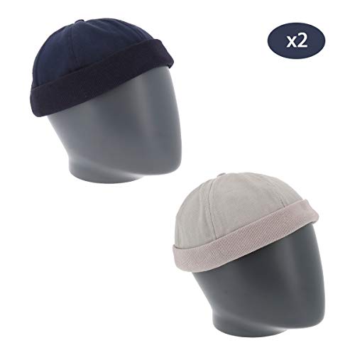 SHIPITNOW Paquete 2 x Gorro Docker Hombre Azul Marino y Gris Claro - Gorro Corto y Ligero 100% Algodón - Gorro Estibador Redondo, Simple y Clásico sin Marca - Sombrero Marinero - Cierre de Velcro