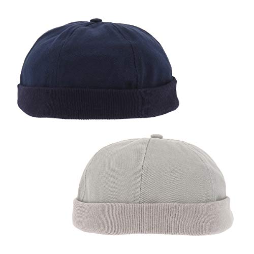 SHIPITNOW Paquete 2 x Gorro Docker Hombre Azul Marino y Gris Claro - Gorro Corto y Ligero 100% Algodón - Gorro Estibador Redondo, Simple y Clásico sin Marca - Sombrero Marinero - Cierre de Velcro