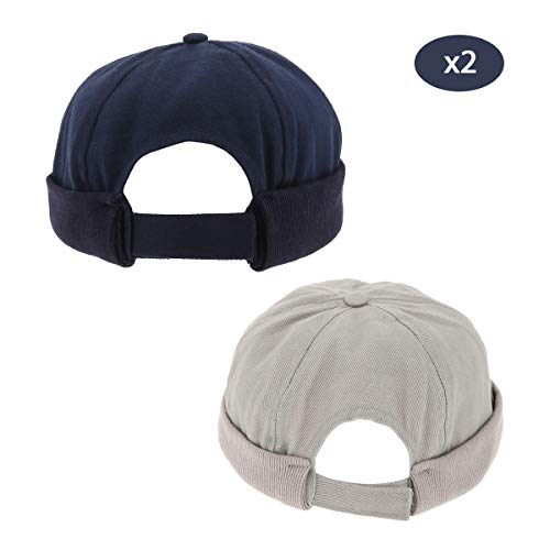 SHIPITNOW Paquete 2 x Gorro Docker Hombre Azul Marino y Gris Claro - Gorro Corto y Ligero 100% Algodón - Gorro Estibador Redondo, Simple y Clásico sin Marca - Sombrero Marinero - Cierre de Velcro