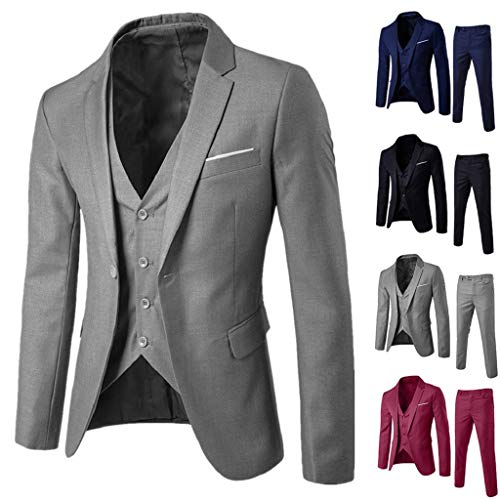 SHOBDW Hombre Traje Talla Grande de Manga Larga Abrigos de Invierno de Solapa Delgado Traje de Fiesta de Bodas de Negocios Chaqueta Blazer Chaleco Pantalones 3PCS(Vino Rojo,M)