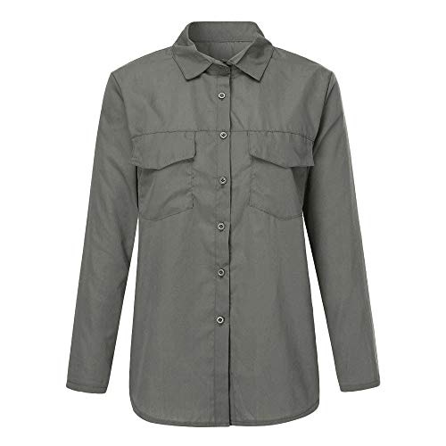 SHOBDW Moda para Mujer Casual Cuello con Solapa Camiseta Oficina Señoras Camisa botón sólido Hebilla Blusa otoño Invierno Tops de Manga Larga (Gris,S)