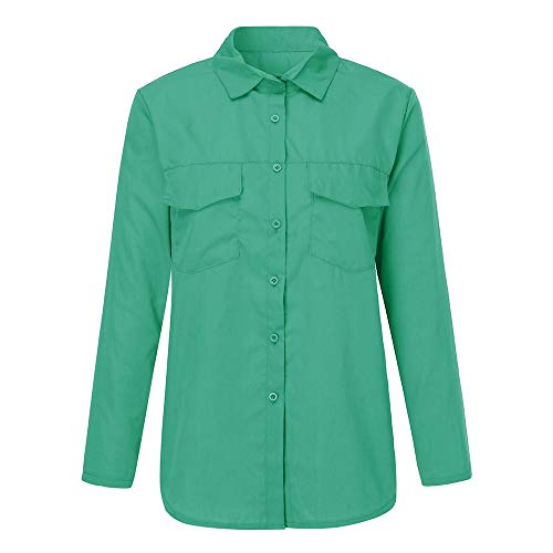 SHOBDW Moda para Mujer Casual Cuello con Solapa Camiseta Oficina Señoras Camisa botón sólido Hebilla Blusa otoño Invierno Tops de Manga Larga (Verde,S)