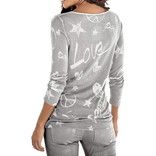 SHOBDW Mujeres Camiseta de Manga Larga con Cuello Redondo y Camisa Impresa Moda Casual Primavera Otoño Blusa Algodón Suelto Tops Sudadera Pullover Camiseta Elegante(Gris,S)