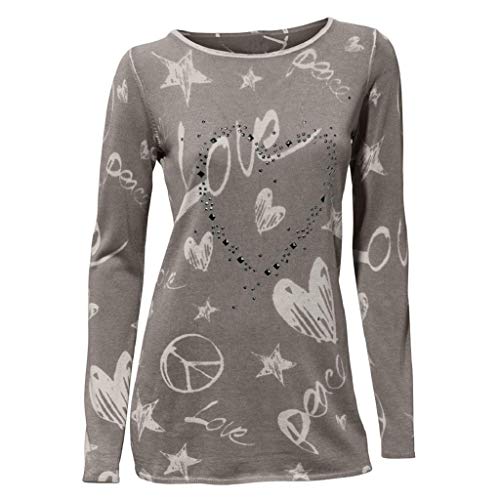 SHOBDW Mujeres Camiseta de Manga Larga con Cuello Redondo y Camisa Impresa Moda Casual Primavera Otoño Blusa Algodón Suelto Tops Sudadera Pullover Camiseta Elegante(Café,S)