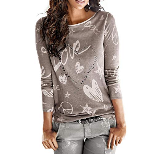 SHOBDW Mujeres Camiseta de Manga Larga con Cuello Redondo y Camisa Impresa Moda Casual Primavera Otoño Blusa Algodón Suelto Tops Sudadera Pullover Camiseta Elegante(Café,S)