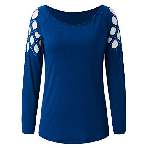 SHOBDW Mujeres Camisetas de Manga Larga Tallas Grandes Cuello en V sólido Camisa de Manga Larga Moda Casual Primavera Otoño Blusa Blusas Sueltas Diseño Cruzado Delantero Camiseta (Small, T-Azul)