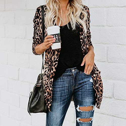 SHOBDW Mujeres de Manga Larga con Cuello en V Suelta Talla Grande Sexy Estampado de Leopardo Abrigo de Moda Blusa Camisetas sin Mangas Abrigos de Invierno Abrigos de Solapa(Marrón,Medium)