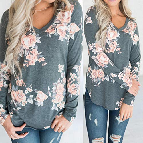 SHOBDW Mujeres Moda Primavera otoño Suelta con Cuello en V Tops de Manga Larga Estampado de Flores Blusa Vintage Túnica para Mujer Sudadera con Capucha sin Mangas Camiseta(Gris,XL)