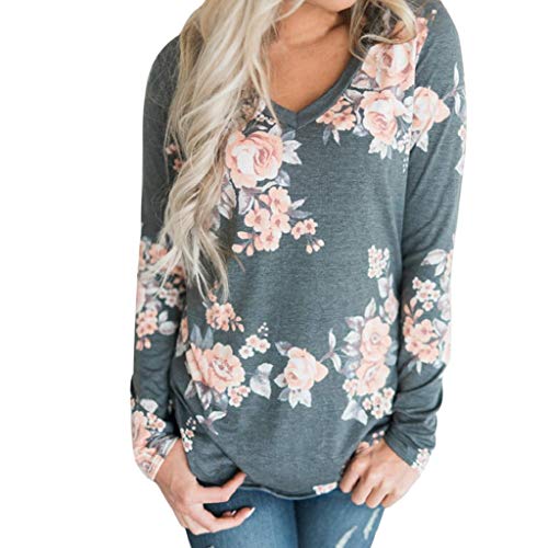 SHOBDW Mujeres Moda Primavera otoño Suelta con Cuello en V Tops de Manga Larga Estampado de Flores Blusa Vintage Túnica para Mujer Sudadera con Capucha sin Mangas Camiseta(Gris,XL)