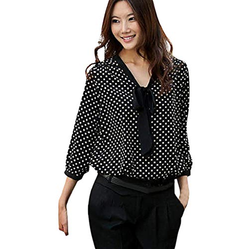 SHOBDW Mujeres Primavera Verano Tallas Grandes de Manga Larga Suelta con Cuello en v Gasa Bowknot Camisa Casual Dots Moda Oficina Señoras Camisa Blusa(Negro,M)