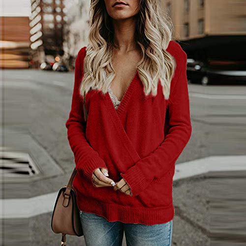 SHOBDW Mujeres Tops de Manga Larga Loose Casual Vendaje Ahueca hacia Fuera Camisa de Manga Corta con Cuello en V Camisa de Manga Corta con Estampado de Camuflaje Tops Diarios(Rojo,L)