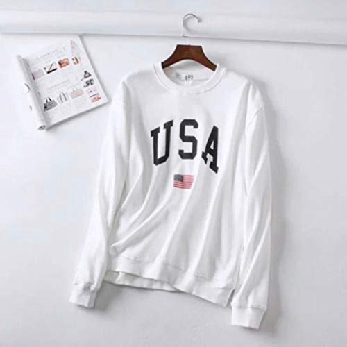 SHOBDW Otoño Mujer O-Cuello USA Carta Imprimir Elegante Moda Soft Fleece Jumper Pullover Tops Blusa Manga Larga Sudadera(Blanco,S)