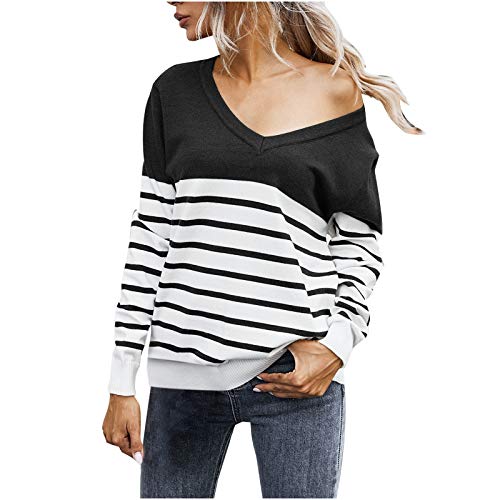 SHOBDW Separación Mujer Camiseta Manga Larga Labor de Retazos Blusa Tops otoño Invierno Ropa (L, Negro)