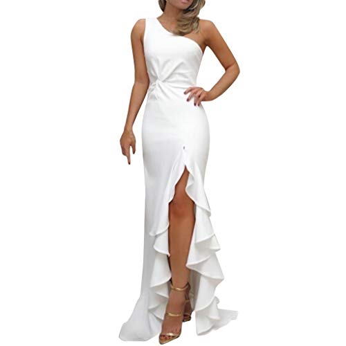 SHOBDW Vestidos Mujer Día De San Valentín Presente SóLido Un Hombro Vestido De Fiesta De Noche Formal Elegante con Pliegues Altos con Volantes De Hendidura Elegante Maxi Vestidos Largos(Blanco,L)