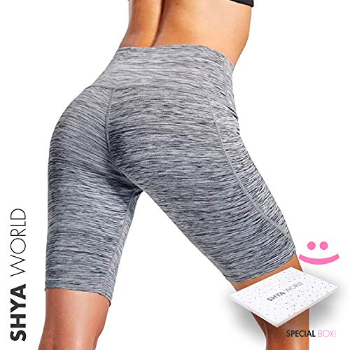 ShyaWorld Mallas Leggins Mujer Deportivos Fitness Pantalones Yoga de Alta Cintura Elásticos y Transpirables para Yoga Running (CON BOLSILLO GRIS CORTO, S)