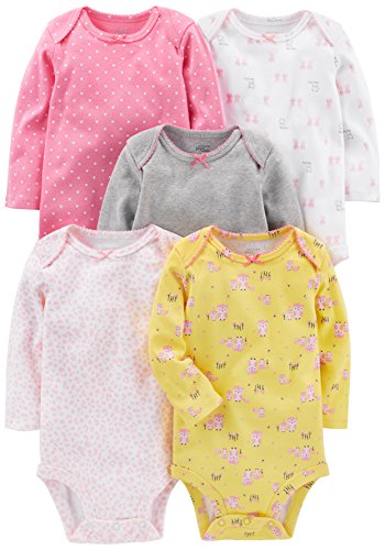 Simple Joys by Carter's - Body de manga larga para niña (5 unidades) ,Pink, Gray, White, Yellow ,Recién nacido