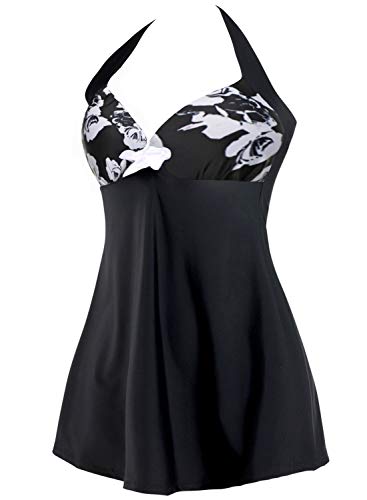 Sixyotie Traje de baño Cuello Una Pieza Monokini con Shorts de Seguridad Mujer Bañador con Falda Tamaño Grande Tankini (Black Flower, EU 44-46(Tag 3XL))