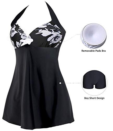 Sixyotie Traje de baño Cuello Una Pieza Monokini con Shorts de Seguridad Mujer Bañador con Falda Tamaño Grande Tankini (Black Flower, EU 44-46(Tag 3XL))