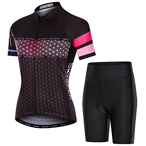 SKYSPER Ciclismo Maillot Mujer Jersey Pantalones Cortos Culote Mangas Cortas de Ciclismo Conjunto de Ropa Maillot Transpirable para Deportes al Aire Libre Ciclo Bicicleta