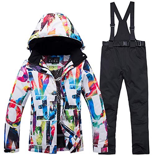 snow Trajes de esquí para Mujer Invierno Snowboard Impermeable a Prueba de Viento Traje de Nieve con Estampado Colorido - Conjunto de Chaqueta y pantalón de esquí,Negro,L